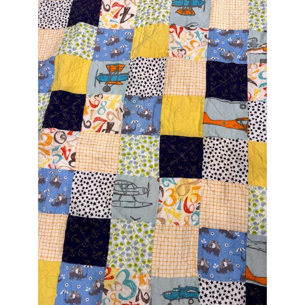 Handmade Baby Quilt Airplane Aviation Patchwork Minky Backing 40x39 Nursery